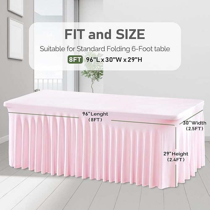 2 Packs Pink Table Clothes for 8 Foot Rectangle Tables, One-Piece Wrinkle Resistant Stretch Spandex Table Covers with Skirt for Event Banquet Wedding Birthday Party