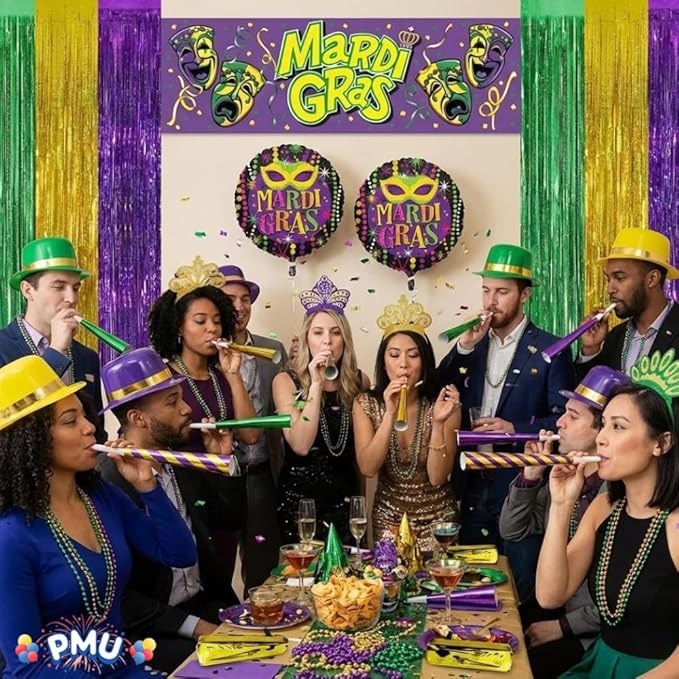 PMU 308 Pc New Year's Eve Party Supplies New Year Decorations Supplies, 2026 Mardi Gras Party Kit Assortment for 100 Persons - (Yellow, Purple and Green) for,Men and Women (100/psn)