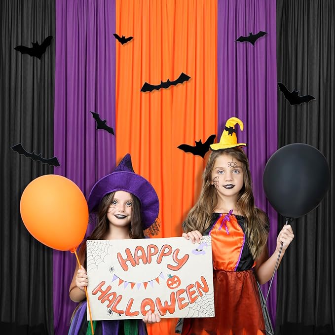 6 Pcs Halloween Party Decoration, 2.6 x 8 ft Black Orange Purple Curtains, Fabric Cloth Photography Background with Bag, for Wall Doors Halloween Birthday Party Favors Supplies Indoor Outdoor