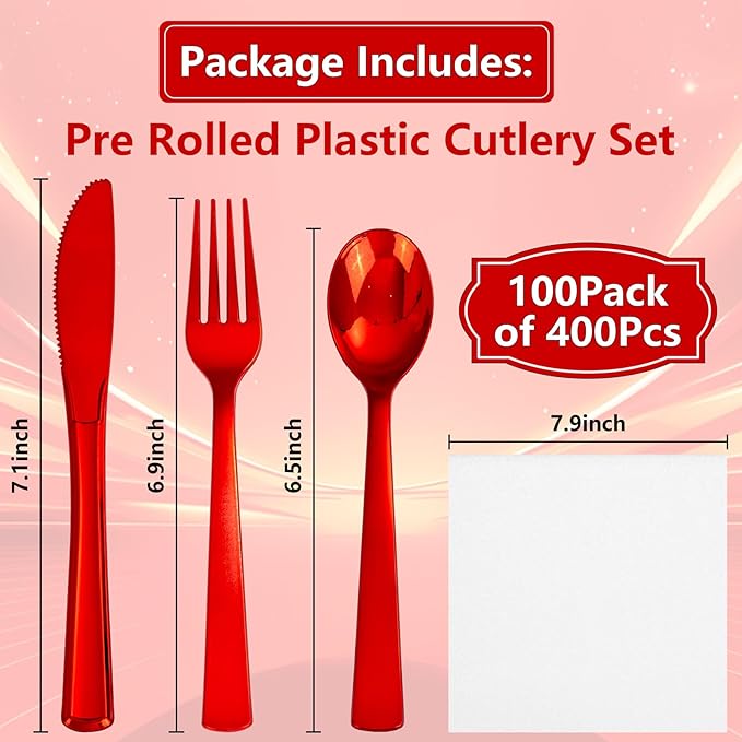 400PCS Pre Rolled Red Plastic Silverware Sets - Heavy Duty Red Cutlery - Include 100 Pack Wrapped Disposable Utensils with Napkins for Valentine's Day Parties & Dinners & Weddings