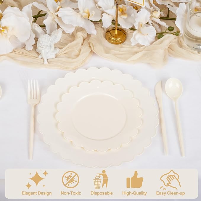 supernal 100pcs Ivory Plastic Plates Fancy Disposable Scalloped Plates for Party Heavy Duty for Party,Wedding,Brthdays Bridal Shower Plate Include 50 Plastic Dinner & Dessert Plate