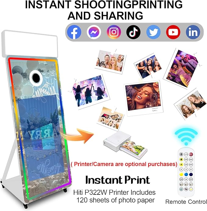 Magic Mirror Photo Booth,Mirror Photo Booth Interactive Touch Screen with Flight Case, Built-in Mini PC with Instant Print and Sharing for Event Party Wedding Rental (White, 43''Screen Full set)