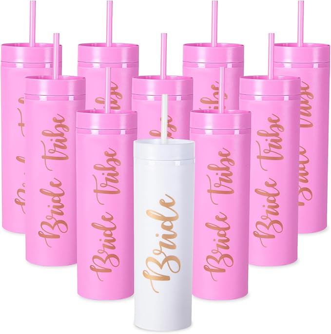 10 Pack Skinny Tumbler | 16 oz Bride & Tribe Tumblers | Bachelorette Party Cups | Wedding Gifts Bridesmaids Mugs & Games (Pink)