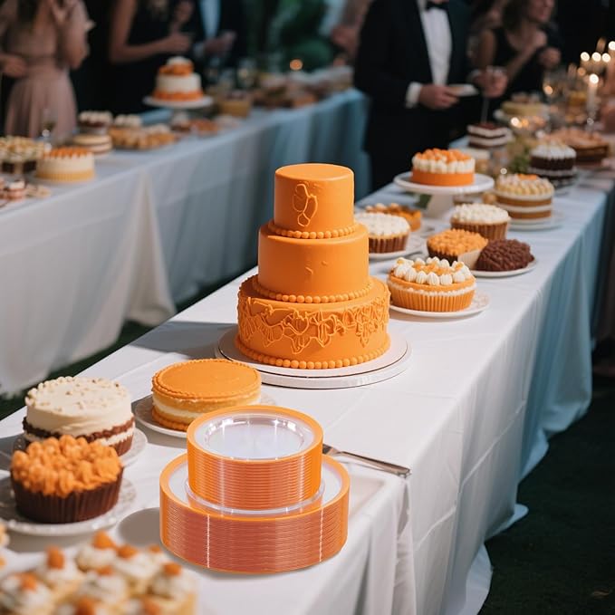 I00000 210 Pcs Clear Orange Plates for 30 Guests, Orange Disposable Plates Set Include 30 10" Dinner Plate,30 7" Dessert Plate, 30 Cups, 30 Pre Rolled Napkins with Cutlery Set for Party and Wedding