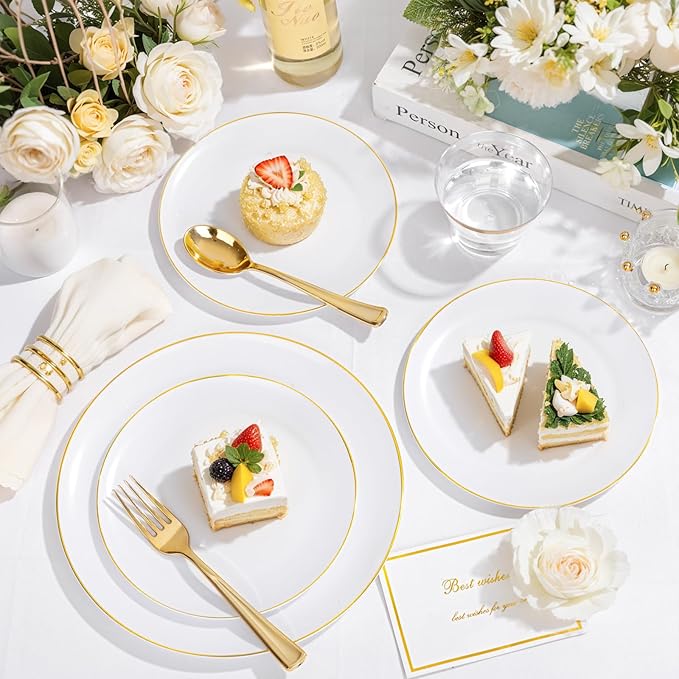 KIRE 175PCS Gold Plates Disposable - Heavy Duty White and Gold Plastic Plates Dinnerware Sets - 25 for Dinner 25 for Dessert 25 Pre Rolled Napkins and 25 Cups for Birthday/Valentine's Day/Wedding