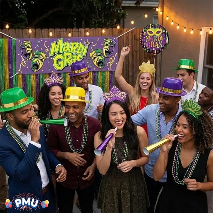 PMU 308 Pc New Year's Eve Party Supplies New Year Decorations Supplies, 2026 Mardi Gras Party Kit Assortment for 100 Persons - (Yellow, Purple and Green) for,Men and Women (100/psn)