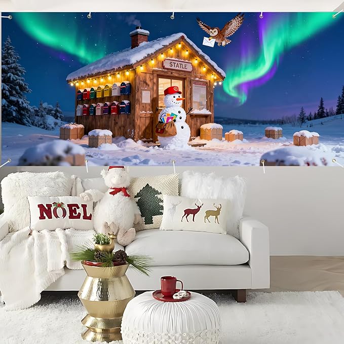 Christmas Garage Door Banner 7x16FT Snowman Post Office & Aurora Scene, Winter Garage Cover for Outdoor Holiday Decorations