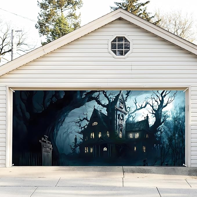 Halloween Garage Door Decorations Banner Cover Halloween Garage Wall Decorations for Outdoor Holiday Party Indoor Outdoor Decor Banner Cover 16x7ft