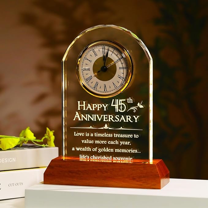 YWHL 45th Wedding Anniversary Clock Gifts for Parents Granddaughters, 45 Years for Couples, Glass Clock Presents with Wooden Light Base for Home Decoration (Battery not Included)