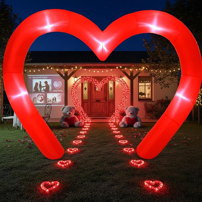 Shappy 12FT Valentine Inflatables Outdoor Decorations Heart Blow up Inflatable Archway with Build in LEDs for Indoor Outdoor Lawn Yard Garden (Red)