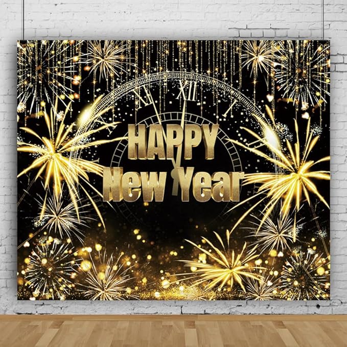 New Year Backdrop 10x8ft Black and Gold Firework Shining Gold Background Happy 2026 New Year Eve Photo Backdrops for Photography NYE Party Photo Studio Props
