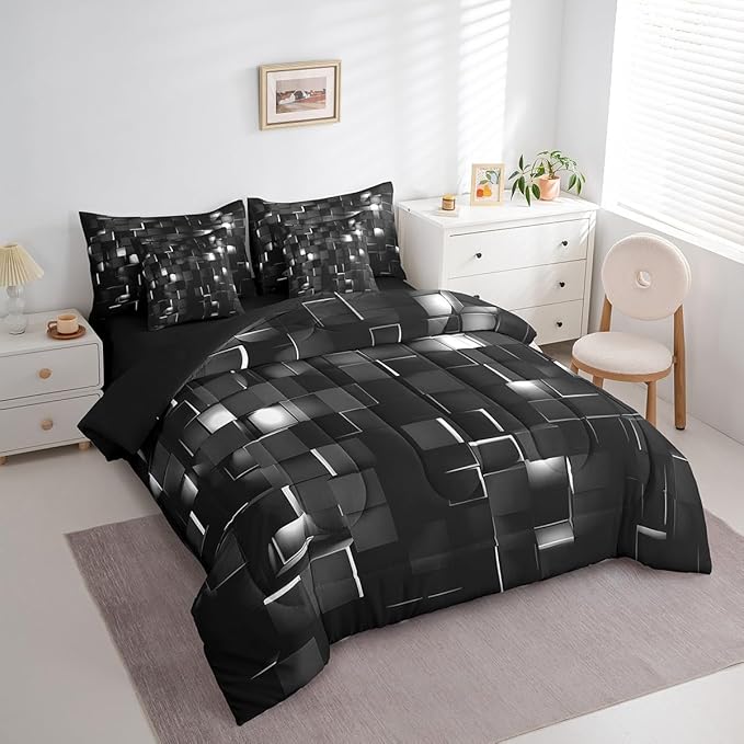 Feelyou Grey and Black Bedding Set Full Size Kids Light Geometric Comforter Set with Sheets 7 Piece Bed in a Bag forModern Bed Set with Comforter,Sheets,Pillowcases,Cushion Covers
