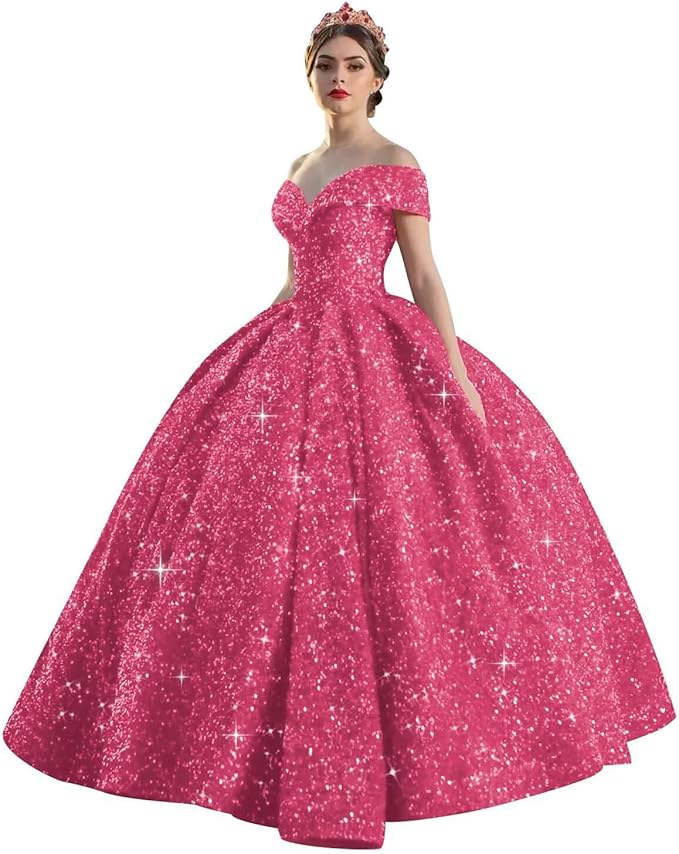 Quinceanera Dress Long Ball Gown Sparkly Sequin Off Shoulder V Neck Prom Dresses