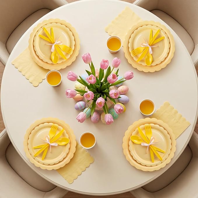 350 Pcs Light Yellow Plates and Napkins, 50 Guest Spring Easter Party Supplies Include Scalloped Paper Plates Napkins Cups Plastic Spoons Forks Knives Disposable Tableware Set for Baby Shower