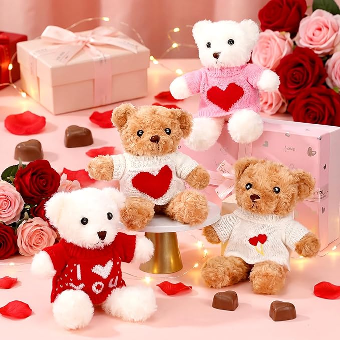 Hungdao 8 Pcs Valentines Bears Bulk 9.84 Inch Valentines Stuffed Animals Bulk Small Cute Plush Bears with Heart Clothes Valentine Gifts for Girlfriend Mother's Day Wedding Birthday Party(Sweet Style)