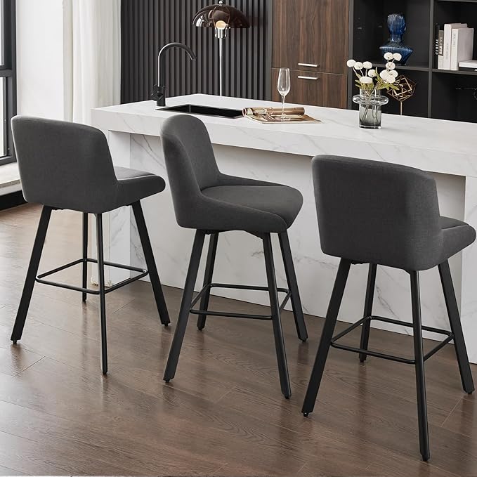Swivel Counter Height Bar Stools Set of 3, 29''H Upholstered Barstools with Backs, Modern Bar Stool Chairs for Kitchen Island, Metal Legs, Fabric, Black Grey Stools Counter Chair