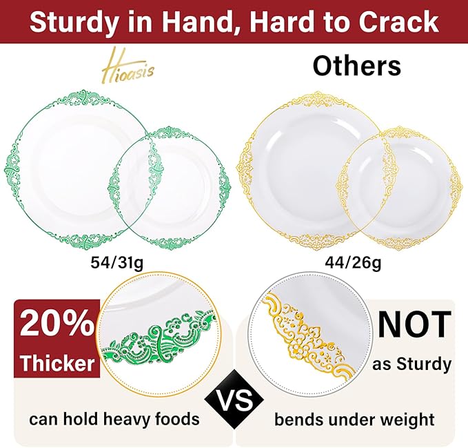 Hioasis 175pcs Clear and Green Plates - Green Party Plates for 25 Guest, Include 50 Heavy-duty Plates(20% Thicker Than Standard), 25 Pre Rolled Gold Plastic Silverware Set, 25 Cups