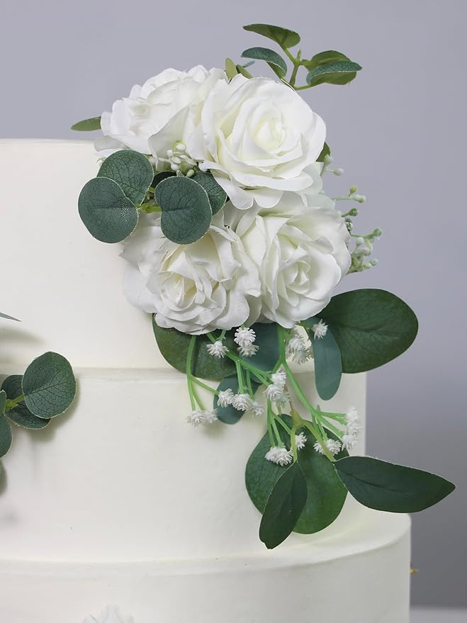 Rinlong 3Pcs Pre-made Cake Flowers White Green Cake Decorations Wedding Cake Decorating Flowers Decor Birthday Baptism Party Artificial Flowers Cake Toppers