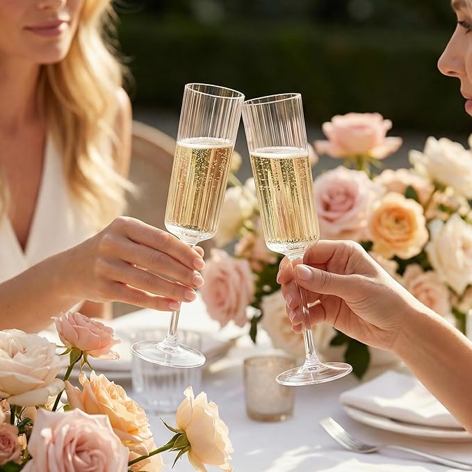 36 Pack Clear Plastic Champagne Flutes - 6oz Ribbed Disposable Champagne Glasses - Clear Vintage Mimosa Glasses with Long Stem - Elegant Sparkling Wine Stemware for Wedding, Party