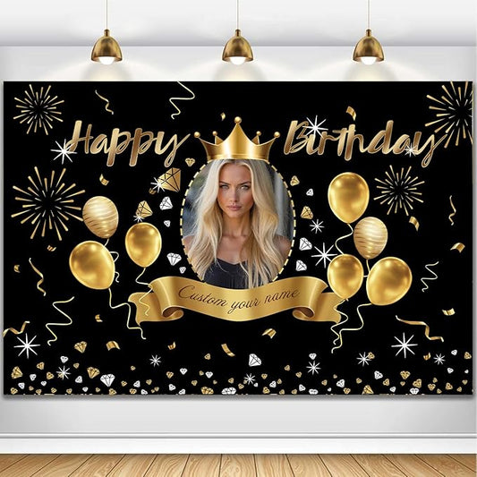 AUBAO Custom Black Gold Crown Happy Birthday Banner Backdrop Personalized Happy Birthday Golden Balloon Diamond Backgroud Party Indoor Outdoor Car Decoration Supplies for Man Women (5x7.5ft)