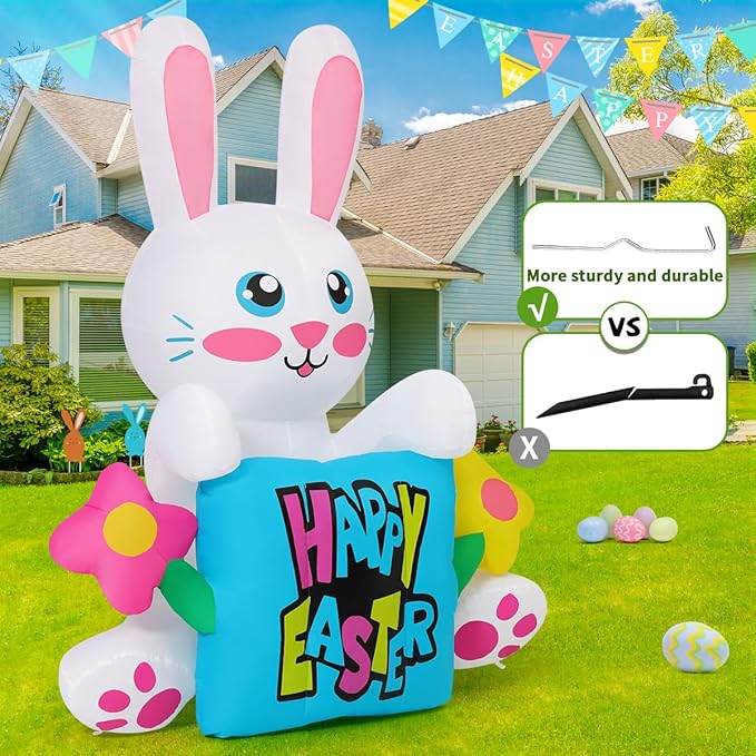 COMIN 5.2 FT Tall Easter Inflatables Rabbit Hold Flower Sign Outdoor Decorations Blow Up Yard with Built-in LEDs for Indoor Party Garden Lawn Decor