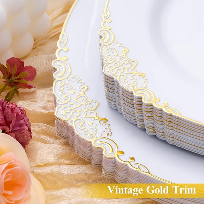 200 PCS White and Gold Plastic Plates for 100 Guests, Gold Disposable Plates Include 100 PCS Dinner Plates, 100 PCS Dessert Plates for Party, Wedding and Graduation