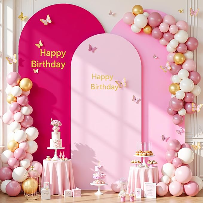 Pink Arch Backdrop Covers Set of 3-7.2FT, 6.6FT, 6FT Pink Spandex Wedding Arch Covers for Baby Shower Girls Birthday Party Wedding Ceremony Banquet Photo Balloon Arch Stand Cover Background Decoration