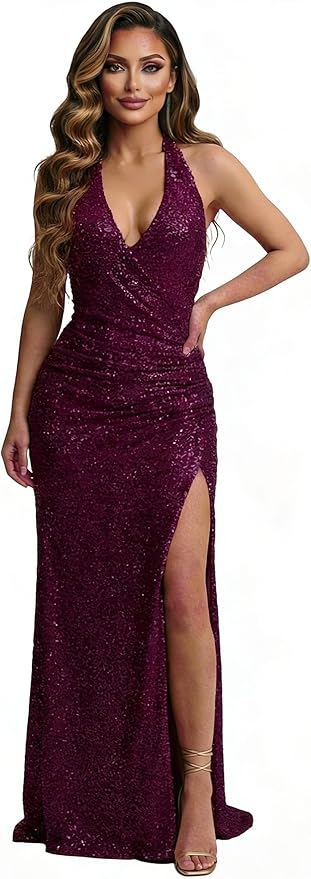 Halter Sequin Prom Dress for Women 2026 Pleats Formal Evening Dress with Slit L01032