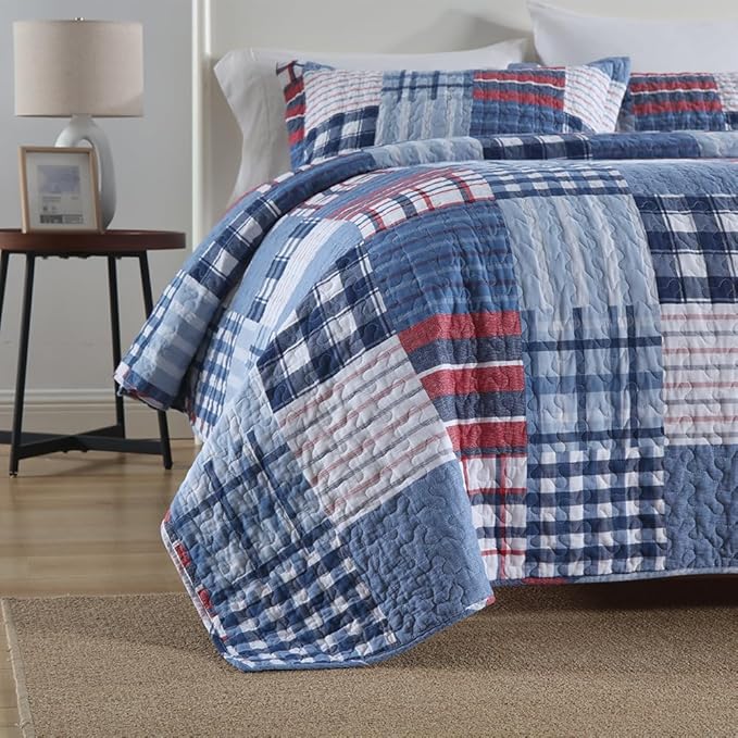 Cotton Bedding Quilt Sets Reversible Real Patchwork Coverlet Sets All Season Blue Bedspread, Plaid Patchwork Pattern,Queen Size