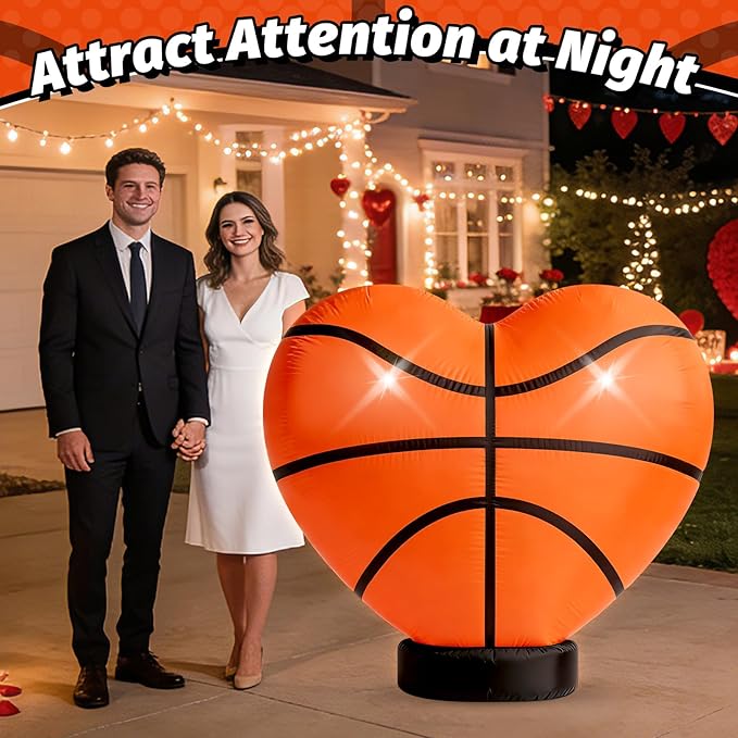Eyourlife 4 FT Valentine Basketball Inflatable Decoration,Giant Heart Basketball Blow-Up with Built-in 1Blower 2LED for Basketball Court Yard Indoor/Outdoor Coach Player Couple Valentine Decor