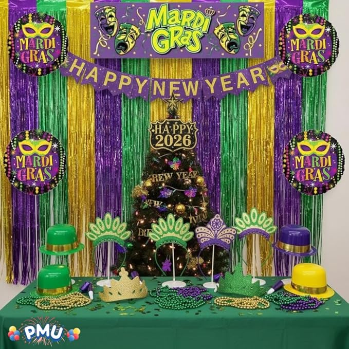 PMU 83 PC New Year's Eve Party Supplies New Year Decorations Supplies, 2026 Multicolor Mardi Gras Party Kit Assortment for 25 Persons - (Yellow, Purple and Green) for Adults, Men and Women (25/psn)