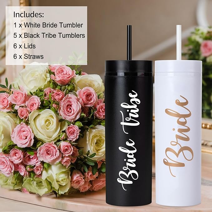 6 Pack Bride to Be Skinny Tumbler | 16 oz Bride Tribe Tumblers | Bachelorette Party Cups | Engagement Wedding Gifts Bridesmaids Mugs Bachelorette Party Supplies & Games