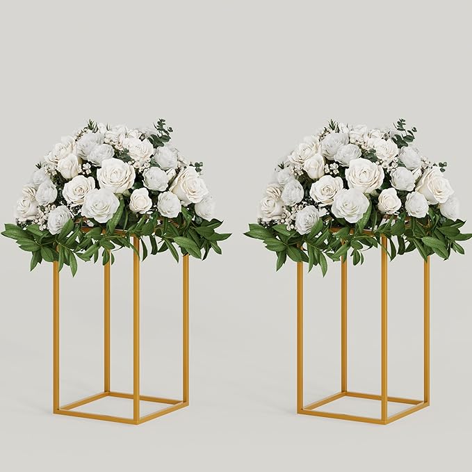 TEKXYZ 2 Pcs 15.75 Inch Tall Metal Flower Stand, Gold Centerpieces For Wedding, Event Party Props, Patio Decor