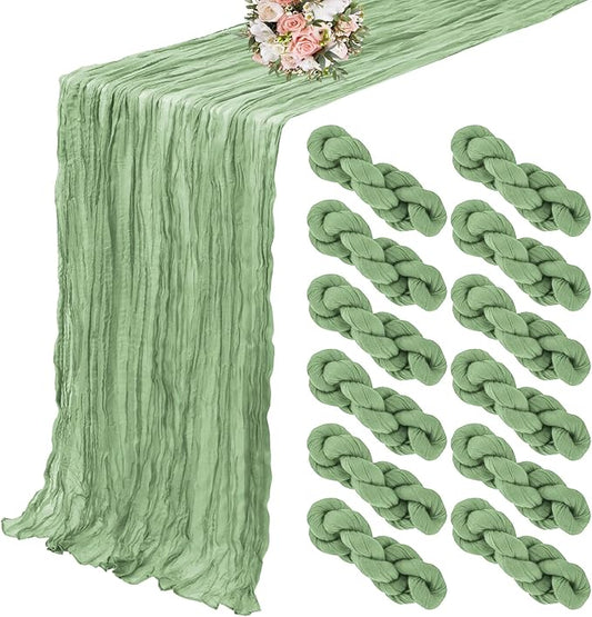 12 Pack Cheesecloth Table Runner 35 x 120 inch Long Boho Cheese Cloth Gauze Table Runners Semi Sheer Table Runner for Wedding Decor, Bridal Shower, Birthday Party (Sage Green)