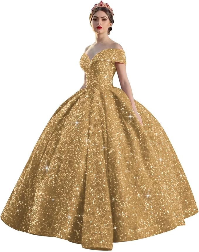 Quinceanera Dress Long Ball Gown Sparkly Sequin Off Shoulder V Neck Prom Dresses