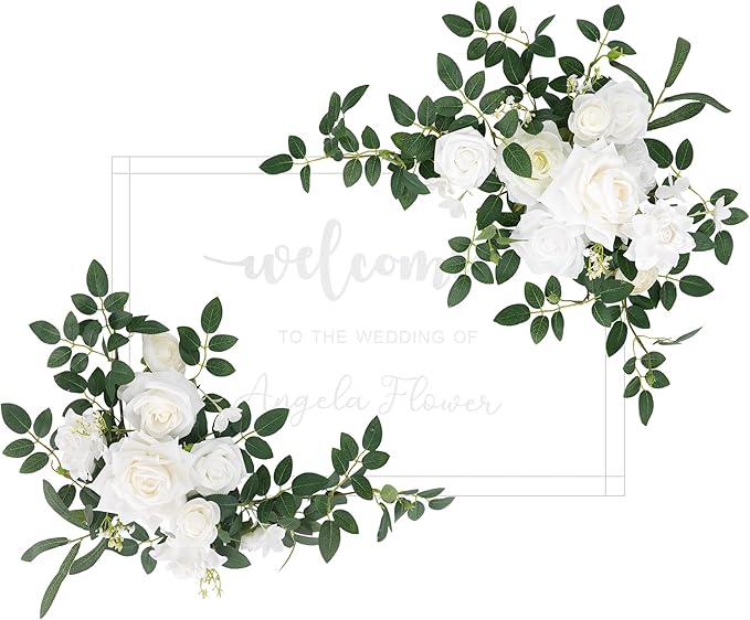 2pcs White & Green Deluxe Welcome Sign Artificial Flowers Wedding Backdrop Garland Hanging Floral Arrangements for Ceremony Reception Entryway Board Sweetheart Table