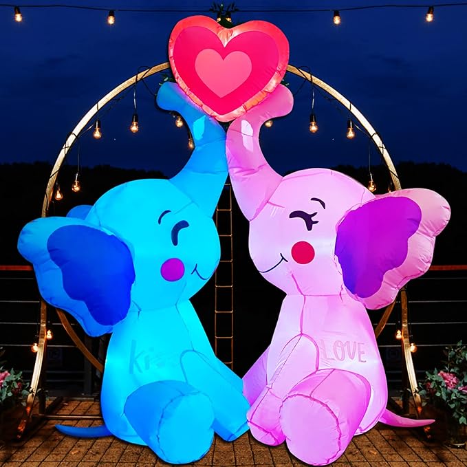 Inlflatable Valentines Decorations,Blow Up Couple's Elephant with LED Lights Outdoor Decor for Romantic Party,Wedding Anniversary, Home,Patio,Lawn Garden Yard Valentine's Decor