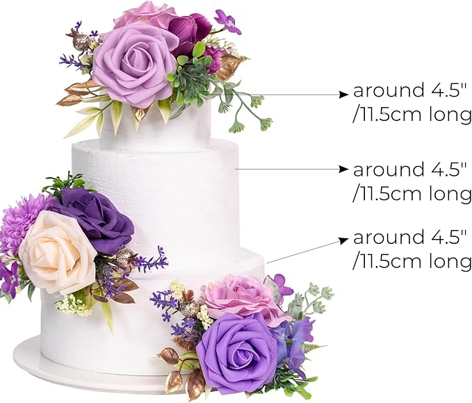 TINGE TIME 3Pcs Pre-made Cake Toppers, Silk Artificial Flowers Decor, Cake Decorations for Weddings, Birthdays, Party,Baby Shower,Celebration (Purple)