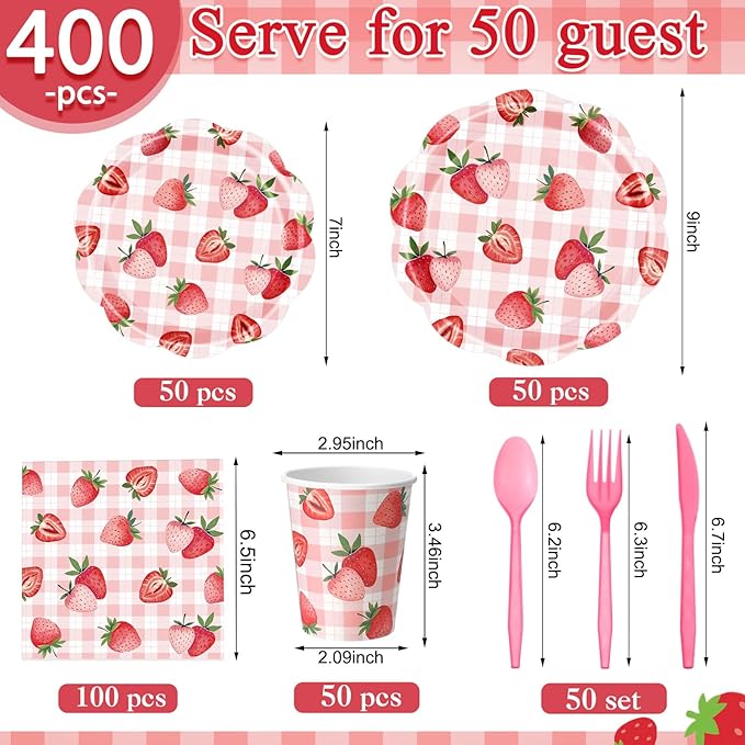 Pickmesh 400 Pcs Strawberry Birthday Party Plates and Napkin Decoration Summer Watercolor Fruit Tableware Cups Knives for Wedding Berry First Birthday Themed Baby Shower Party Supplies Serve 50