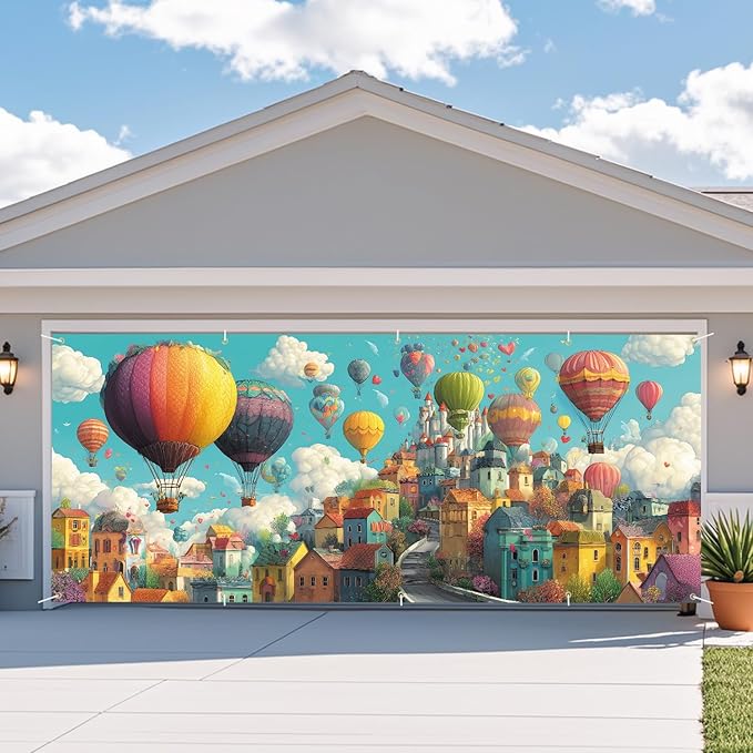 Hot Air Balloon Fantasy Garage Door Banner 7x16FT, Colorful Balloon & Sky City Garage Door Cover, Vibrant Outdoor Decoration for Spring & Summer