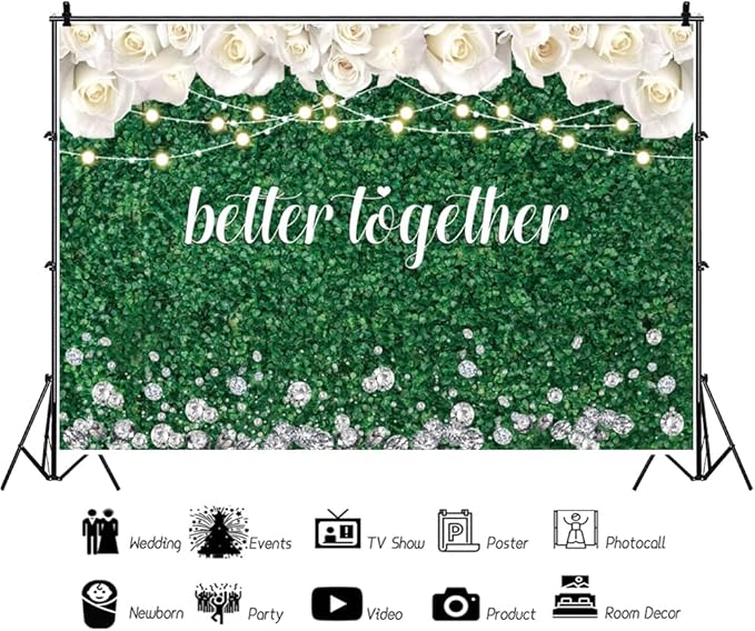 Leyiyi 8x6ft Better Together Photo Backdrop Green Leaves Wall White Floral Light Glitters Diamond Bridal Shower Wedding Party Banner Supplies Background Decor Photoshoot Studio Props Wallpaper