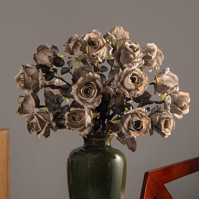 Artificial Flowers Artificial Roses Fake Roses 23.2In Long Stem Artificial Flowers for Tall Vase Silk Rose 20PCS Suitable for Indoor Decor Wedding Party Decoration DIY Bouquet Autumn (Brown)