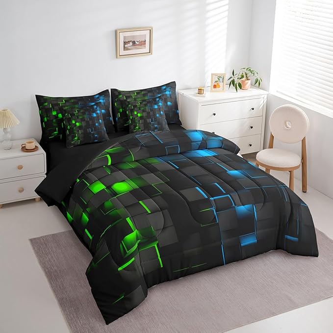 Feelyou Green and Blue Bedding Set Full Size Kids Light Geometric Comforter Set with Sheets 7 Piece Bed in a Bag forModern Bed Set with Comforter,Sheets,Pillowcases,Cushion Covers