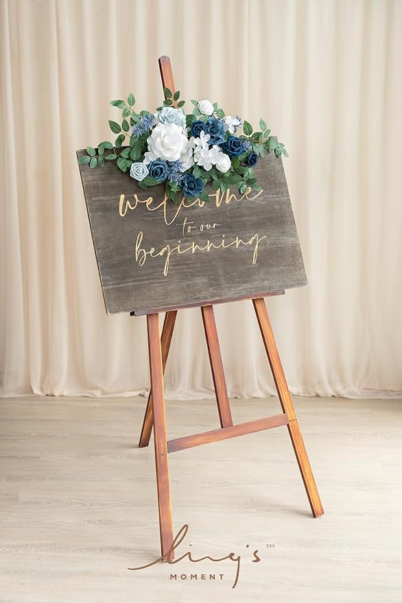 Ling's moment 2pcs Fall Wedding Artificial Floral Swag Welcome Sign Flowers Backdrop Garland Dusty Blue Navy for Ceremony Reception Door Wall Easel Home Decoration Entryway Outdoor Head Table Decor