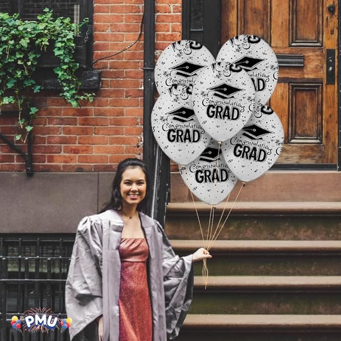 PMU White Graduation Balloons Class of 2025 with All-Over Print White Grad Caps-Confetti and Streamers | Graduation Party Supplies | Congratulations Grad Latex Balloons Latex