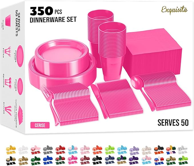 350 Pcs Cerise Plastic Plates For Party, Cerise Disposable Plates Set, 50 Of Each 9" Dinner Plate Set, 7" Dessert Plate, Cups, Napkins & Cutlery Plastic Dinnerware Exquisite