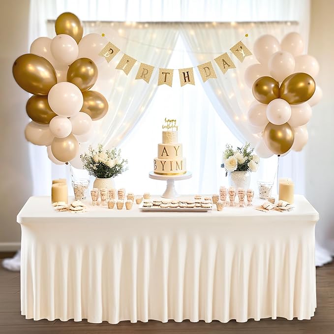 4 Packs Ivory Table Clothes for 8 Foot Rectangle Tables, One-Piece Wrinkle Resistant Stretch Spandex Table Covers with Skirt for Event Banquet Wedding Birthday Party
