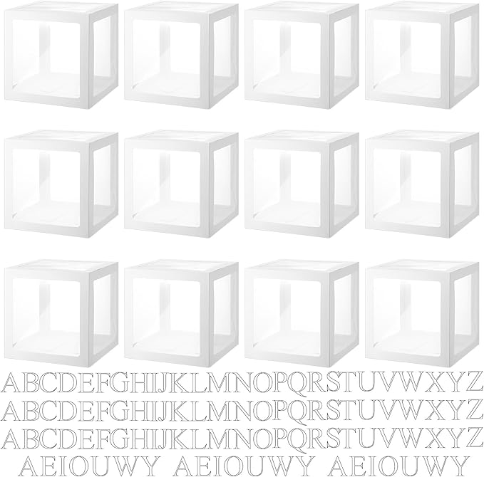 Thyle 12 Pcs Transparent Balloon Boxes Clear Balloon Boxes with 99 Letters for Baby Shower Gender Reveal Grad Birthday Party Bridal Wedding Anniversary Backdrop Decoration (White)