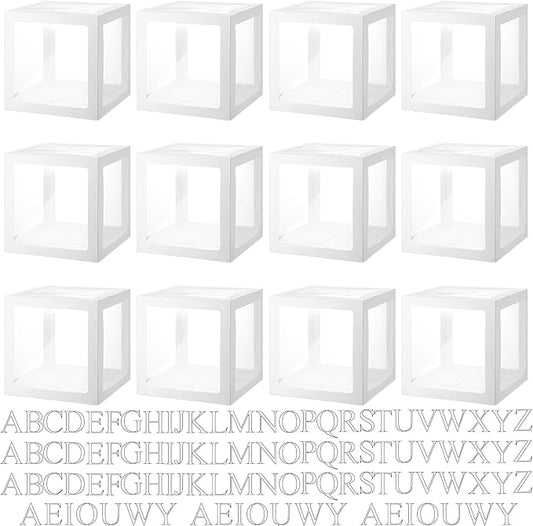 Thyle 12 Pcs Transparent Balloon Boxes Clear Balloon Boxes with 99 Letters for Baby Shower Gender Reveal Grad Birthday Party Bridal Wedding Anniversary Backdrop Decoration (White)