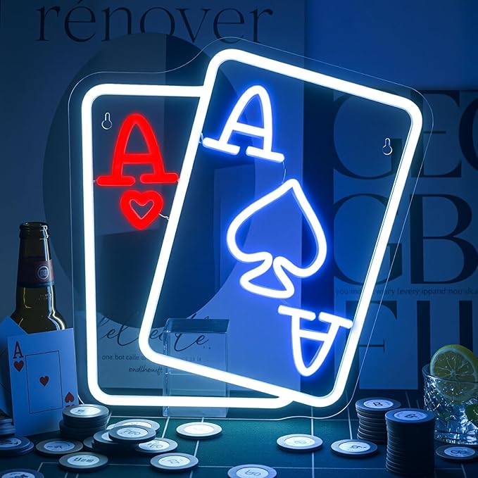 Gamerneon Playing Cards Neon Sign Poker Neon Signs for Wall Decor Led Neon Light Blue Red Texas Hold 'em Double A Sign for Bedroom Casino Party Bar Play Room Decor